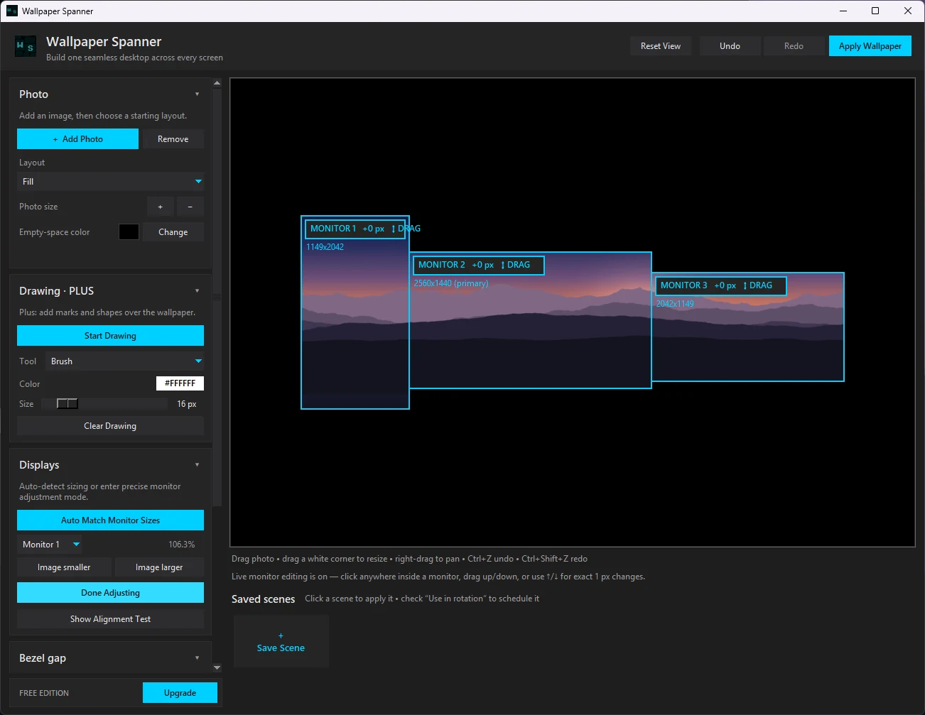 Monitor position adjustment mode: each monitor outlined with a drag handle and a pixel offset readout, ready for one-pixel arrow-key nudges.