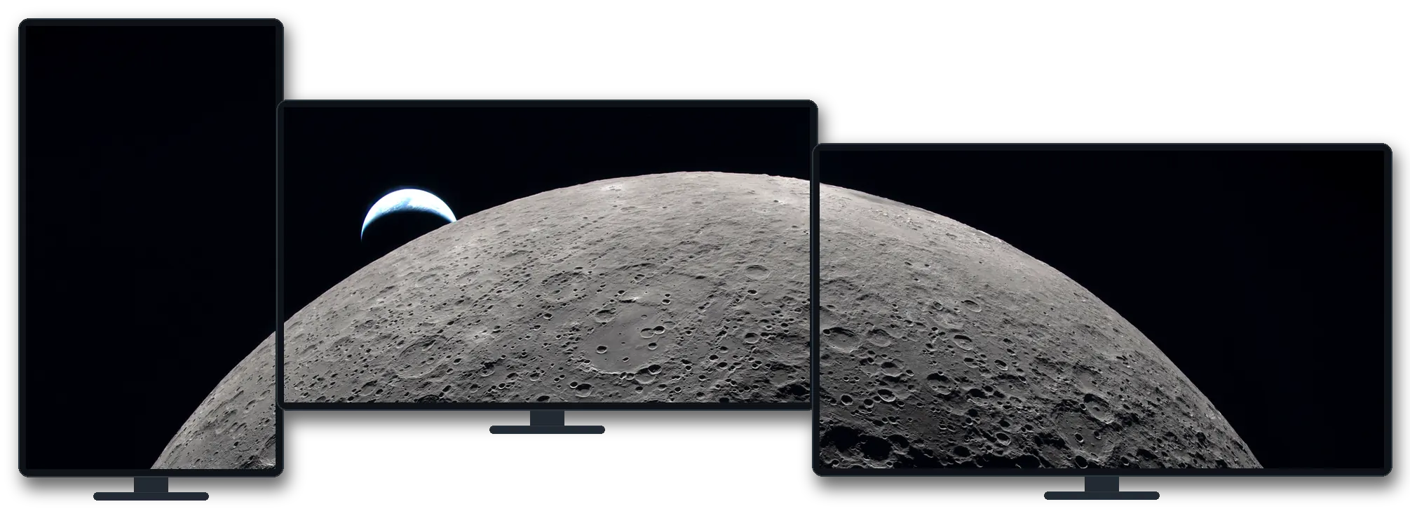 One photo of the Moon's cratered limb spanning three mismatched monitors — a tall portrait screen, a large central screen, and a lower offset screen. The curve of the lunar horizon continues unbroken from one screen to the next.