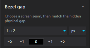 The Bezel gap panel: a seam picker, px or mm units, and minus-five to plus-five step buttons.