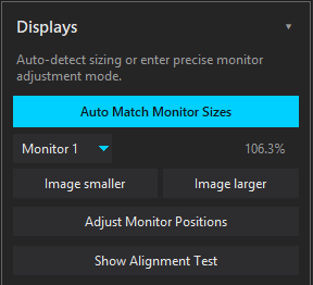 The Displays panel: Auto Match Monitor Sizes, per-monitor scale, position adjustment, and alignment test buttons.