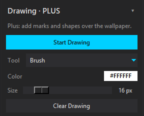 The Drawing panel: brush tool, colour, size slider, and Clear Drawing — a Plus feature.
