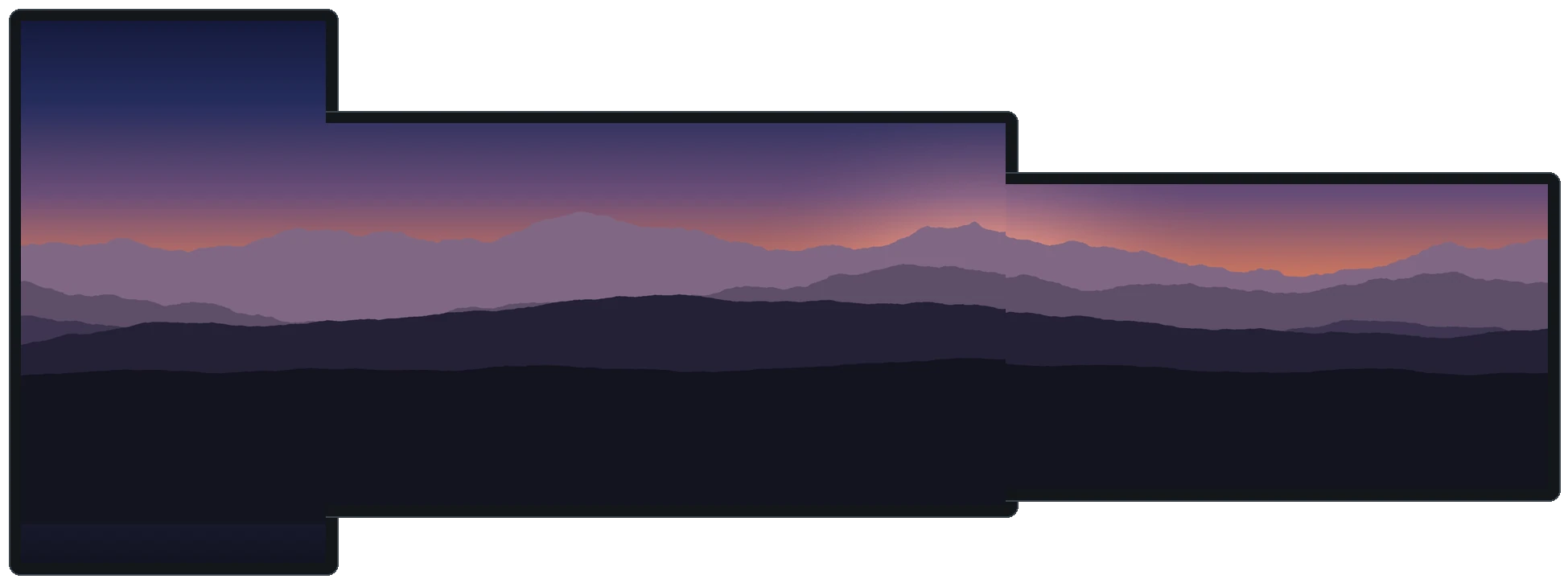 The finished wallpaper: one continuous sunset scene across all three mismatched monitors.